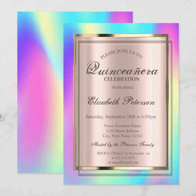 Ombre Colourful Holographic Frame Quinceañera Invitation (Front/Back)