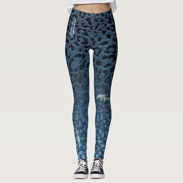Ombre Denim Jean Blue Digital Ripped Leopard Print Leggings (Front)