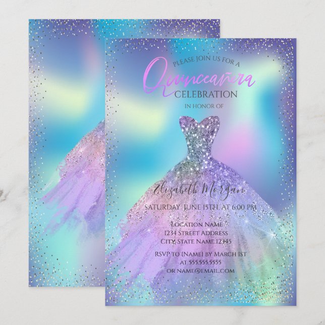 Ombre Dress,Confetti Holographic Quinceañera Invitation (Front/Back)