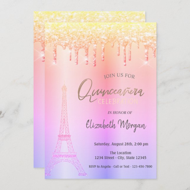 Ombre Drips, Eiffel Tower  Quinceañera Invitation (Front/Back)