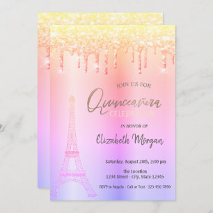Ombre Drips, Eiffel Tower Quinceañera Invitation