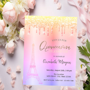 Ombre Drips, Eiffel Tower  Quinceañera Invitation