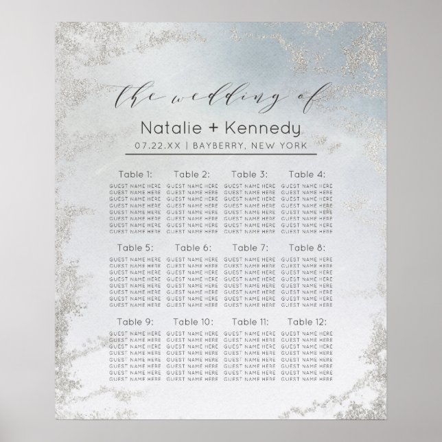 Ombre Dusty Blue Frost Wedding Table Seating Chart (Front)