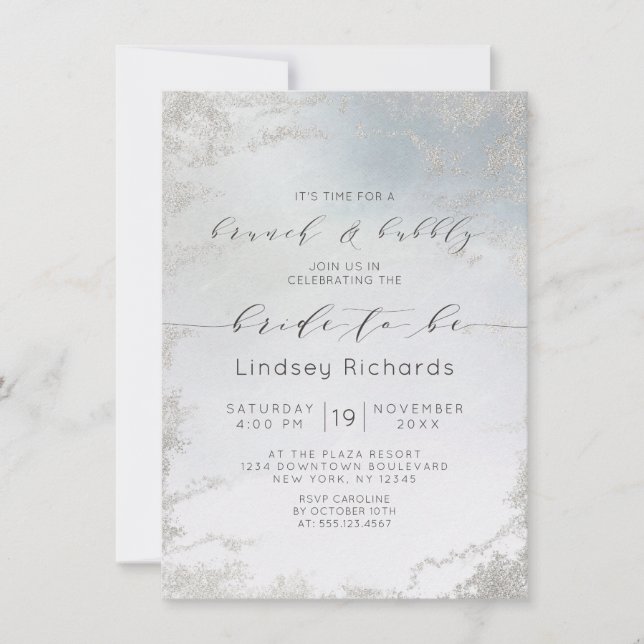 Ombre Dusty Blue Frosted Brunch & Bubbly Shower Invitation (Front)