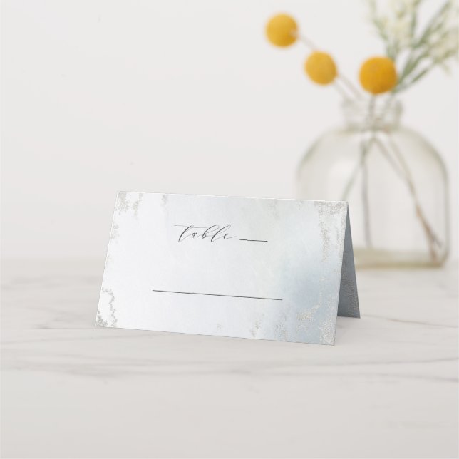 Ombre Dusty Blue Frosted Foil Wedding Table Number Place Card (Front)