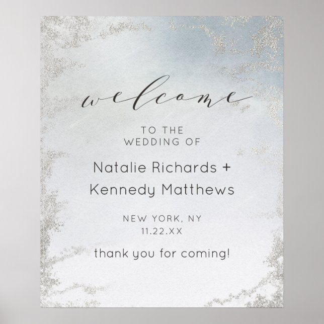 Ombre Dusty Blue Frosted Luxe Wedding Welcome Sign (Front)