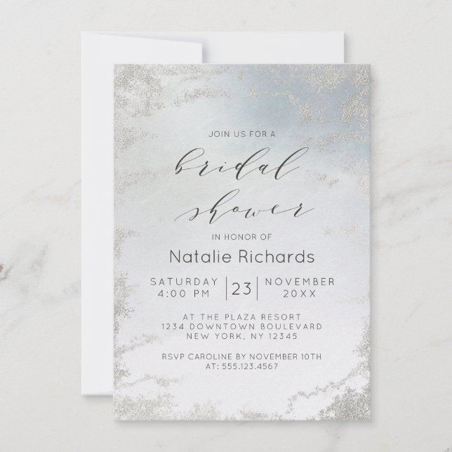 Ombre Dusty Blue Frosted Silver Foil Bridal Shower Invitation (Front)