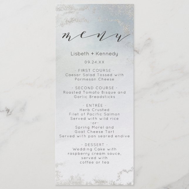 Ombre Dusty Blue Frosted Silver Foil Luxe Dinner Menu (Front)