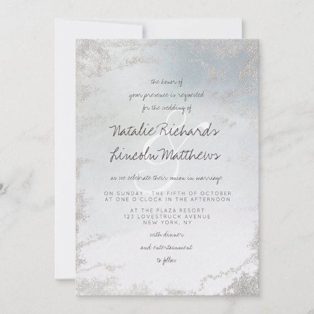 Ombre Dusty Blue Frosted Silver Foil Luxe Wedding Invitation (Front)