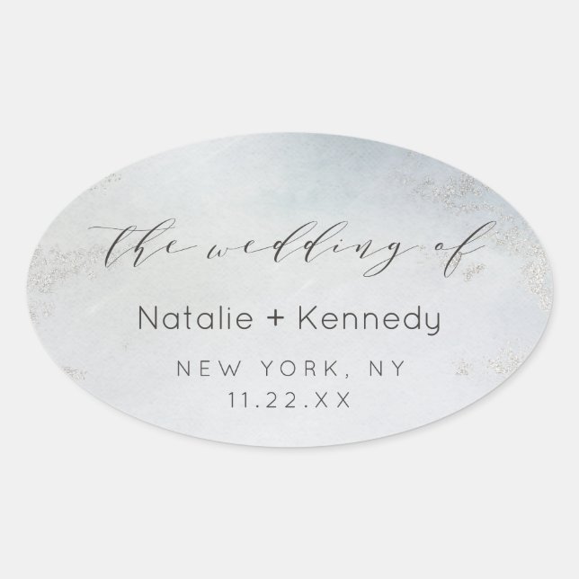Ombre Dusty Blue Frosted Silver Foil Luxe Wedding Oval Sticker (Front)