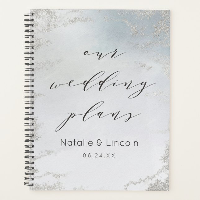 Ombre Dusty Blue Frosted Silver Luxury Wedding Planner (Front)