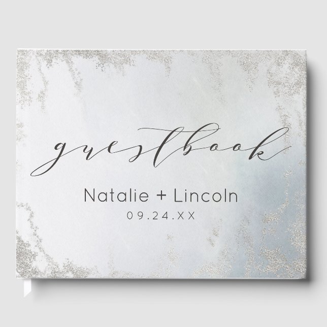 Ombre Dusty Blue Frosted Silver Watercolor Wedding Guest Book (Front)