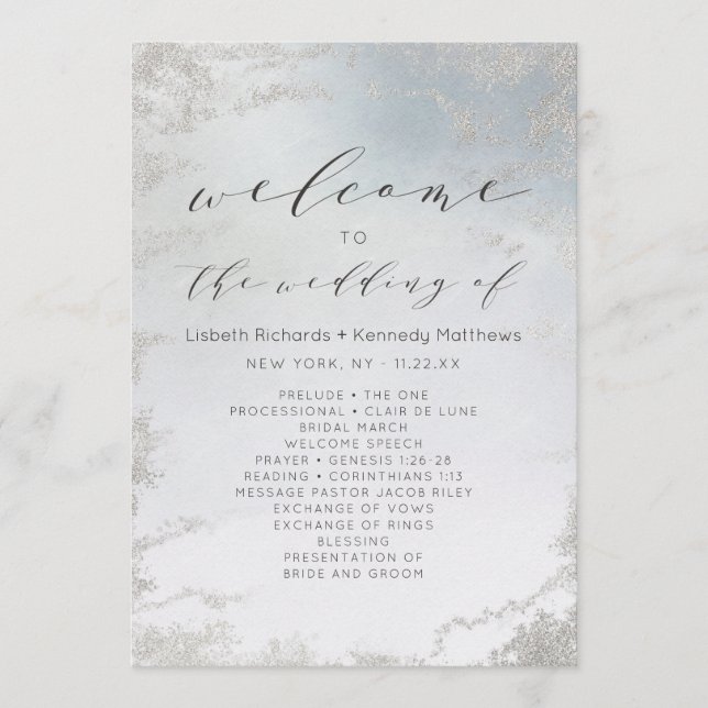 Ombre Dusty Blue Frosted Silver Wedding Ceremony Programme (Front)