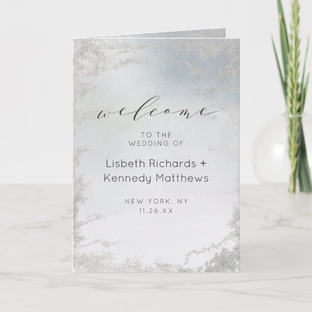 Ombre Dusty Blue Frosted Silver Wedding Ceremony Programme (Front)
