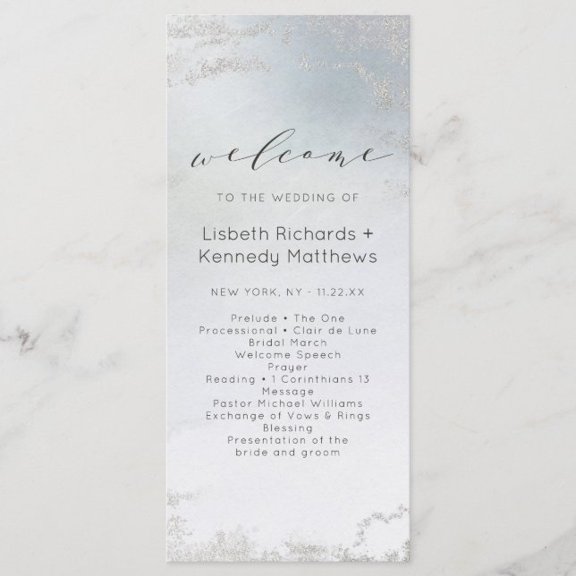 Ombre Dusty Blue Frosted Silver Wedding Ceremony Programme (Front)