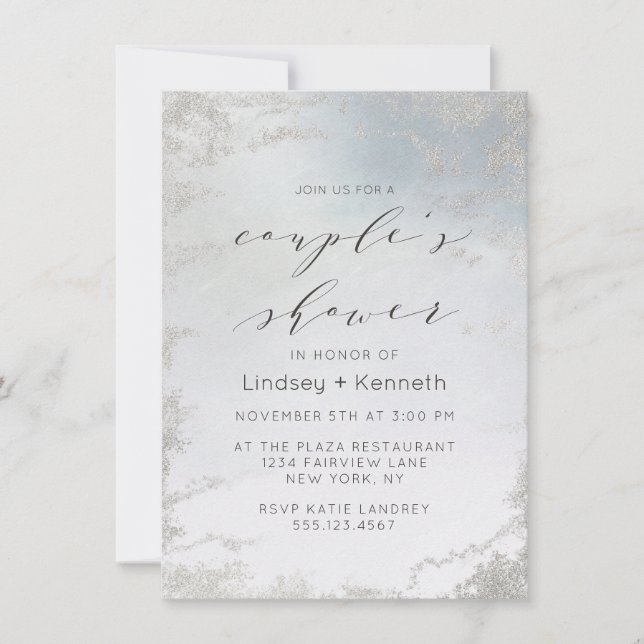 Ombre Dusty Blue Frosted Silver Wedding Shower Invitation (Front)
