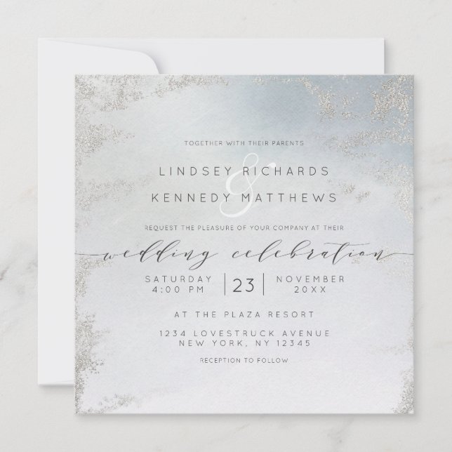Ombre Dusty Blue Frosted Silver Wedding Square Invitation (Front)