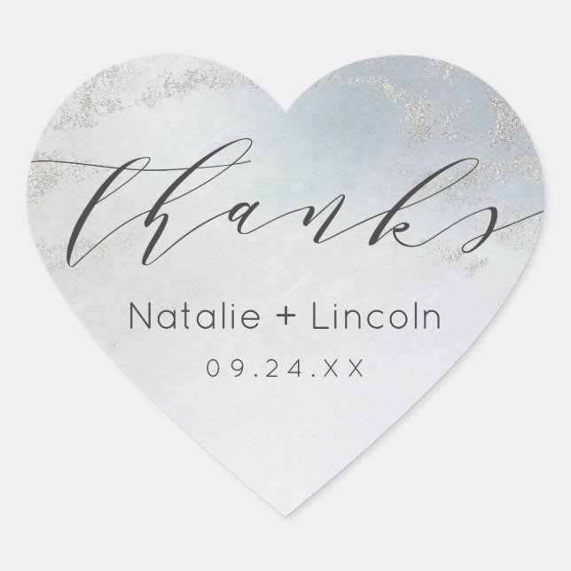 Ombre Dusty Blue Frosted Silver Wedding Thank You Heart Sticker (Front)