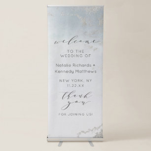 Ombre Dusty Blue Frosted Silver Wedding Welcome Retractable Banner