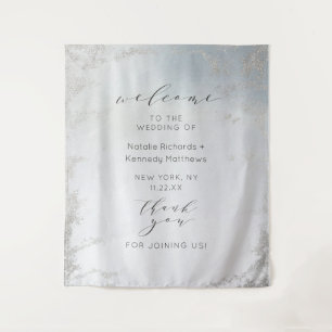 Ombre Dusty Blue Frosted Silver Wedding Welcome Tapestry