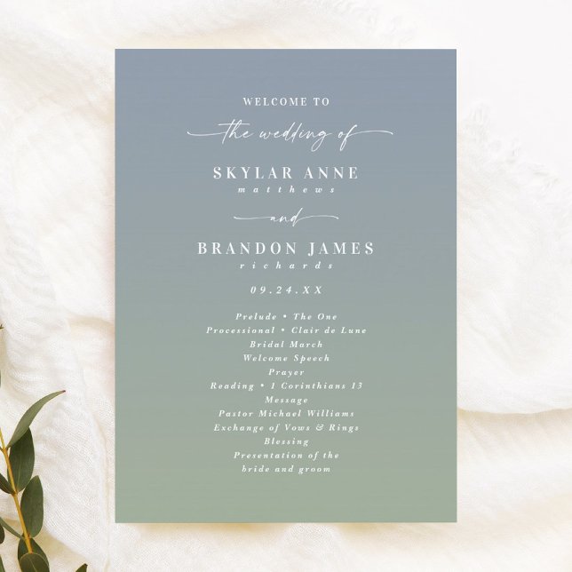 Ombre Dusty Blue & Green Wedding Ceremony Program Programme (Creator Uploaded)