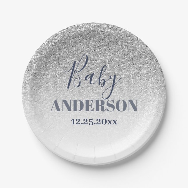 Ombre Faux Glitter Silver & Blue Boy Baby Shower Paper Plate (Front)