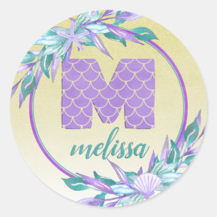 Ombre Floral Watercolor Mermaid Scales Monogram Classic Round Sticker