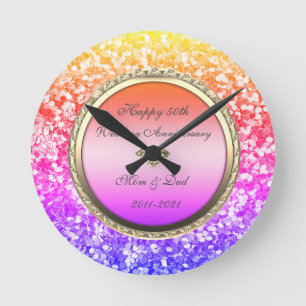 Ombre Glitter Diamonds  50th Wedding Anniversary Round Clock