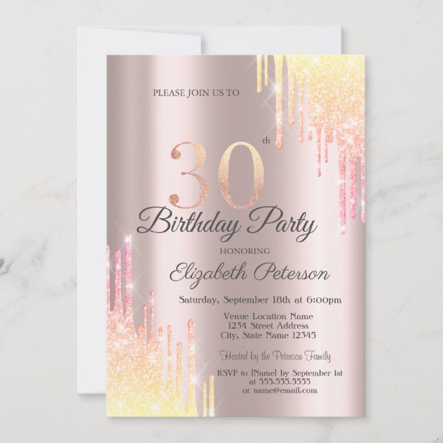 Ombre Glitter Drips 30th Birthday Party Invitation (Front)