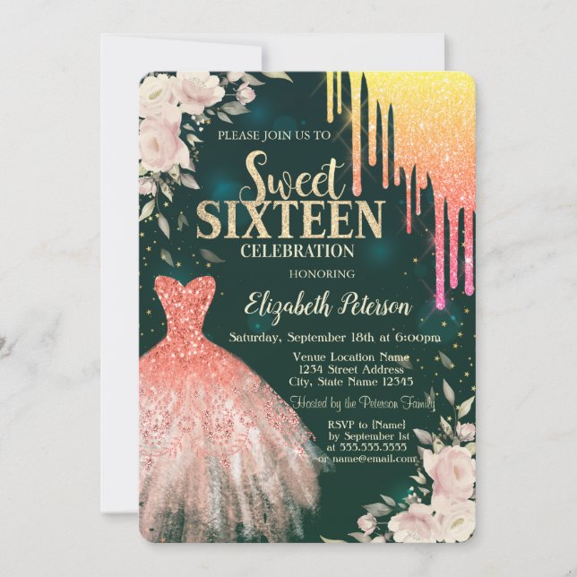 Ombre Glitter Drips,Dress,Floral Green Sweet 16 Invitation (Front)