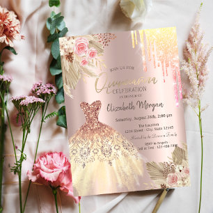 Ombre Glitter Drips Dress Flowers Quinceañera Invitation