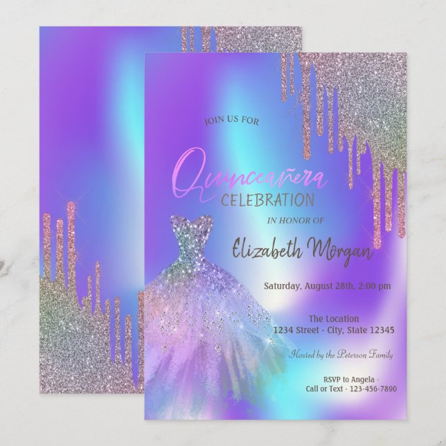 Ombre Glitter Drips Dress Quinceañera  Invitation (Front/Back)