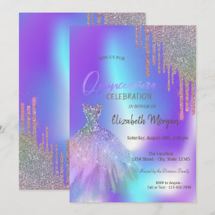 Ombre Glitter Drips Dress Quinceañera  Invitation