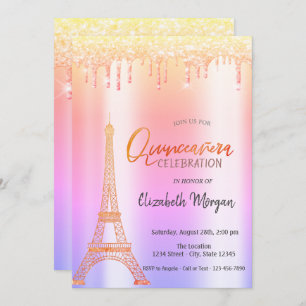 Ombre Glitter Drips,Eiffel Tower Quinceañera Invitation