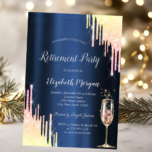 Ombre Glitter Drips Glass Navy Blue Retirement Invitation
