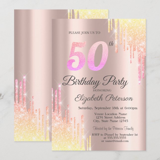Ombre Glitter Drips Rose Gold 50th Birthday Party Invitation (Front/Back)