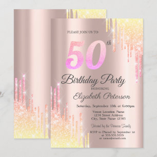 Ombre Glitter Drips Rose Gold 50th Birthday Party Invitation