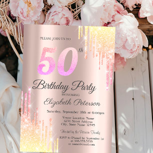 Ombre Glitter Drips Rose Gold 50th Birthday Party Invitation