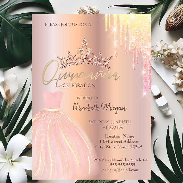  Ombre Glitter Drop Tiara Dress Quinceañera Invitation (Creator Uploaded)