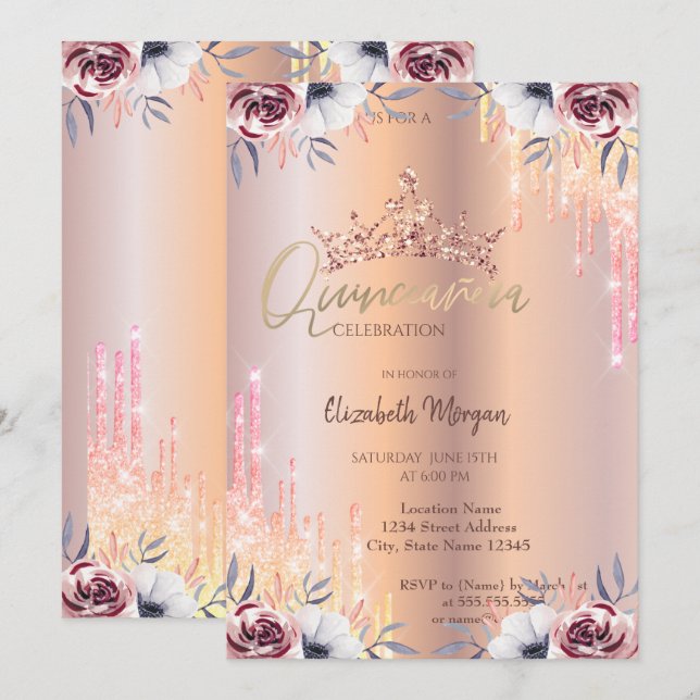  Ombre Glitter Drop Tiara Floral Quinceañera  Invitation (Front/Back)