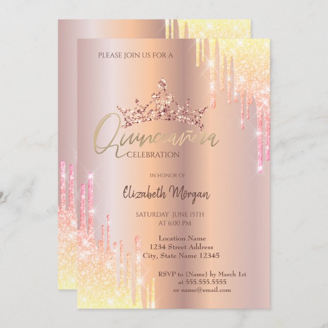  Ombre Glitter Drop Tiara Rose Gold Quinceañera   Invitation (Front/Back)