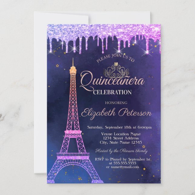 Ombre Glitter Eiffel Tower Tiara Drips Quinceañera Invitation (Front)
