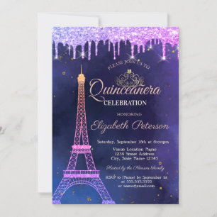Ombre Glitter Eiffel Tower Tiara Drips Quinceañera Invitation