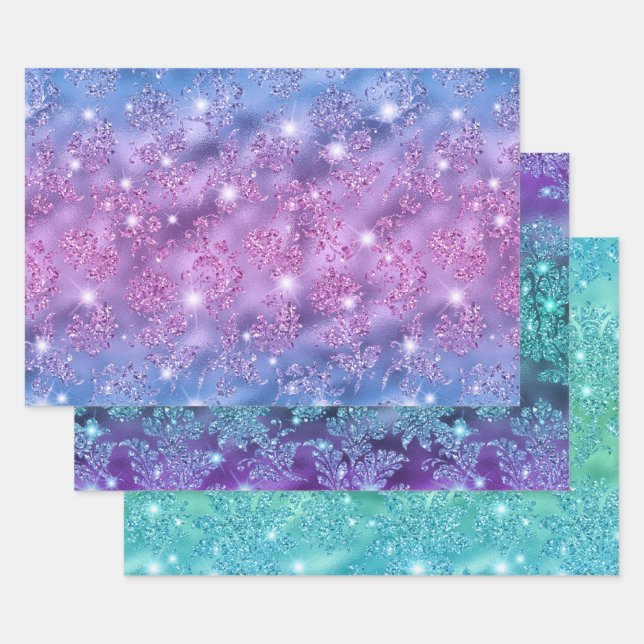 Ombre Glitter Floral Patterns with Sparkles Wrapping Paper Sheet (Set)