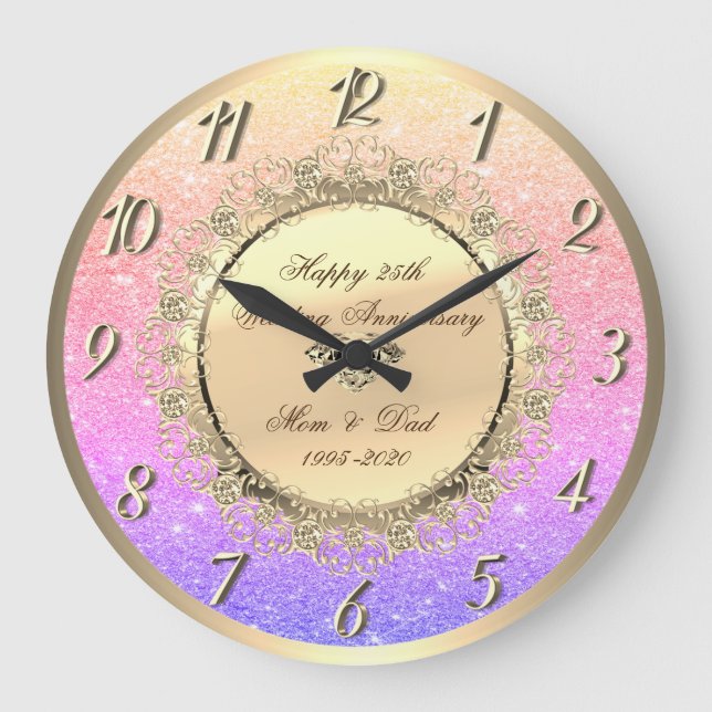 Ombre Glitter Gold Floral 25th Wedding Anniversary Large Clock (Front)