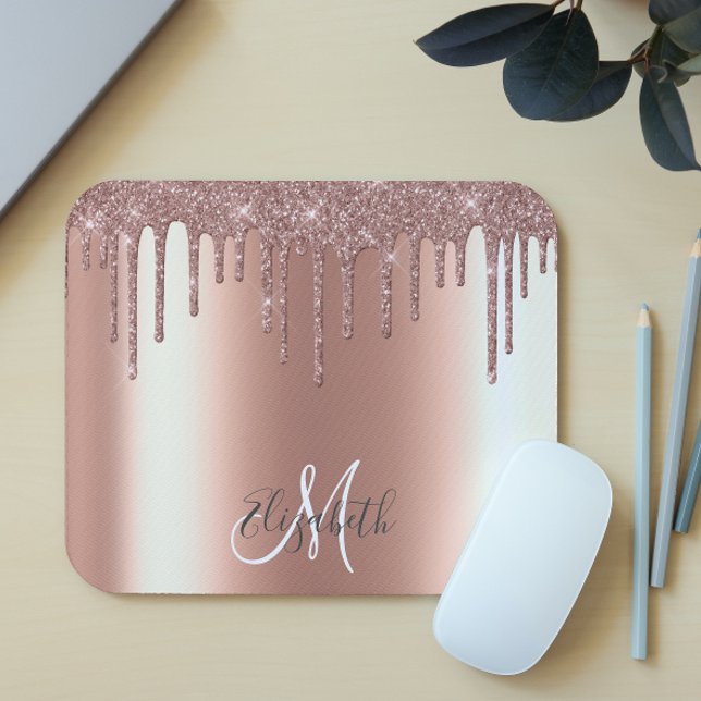 Ombre Glitter Rose Gold Drip Personalised Monogram Mouse Mat (Creator Uploaded)
