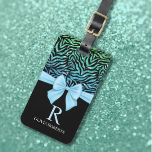 Ombre Glitter Zebra Blue Bow Monogram Luggage Tag