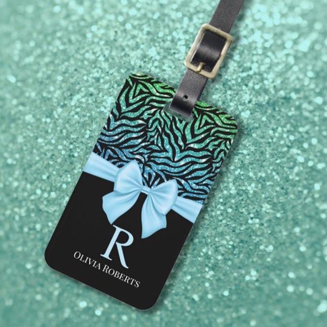 Ombre Glitter Zebra Blue Bow Monogram Luggage Tag (Creator Uploaded)