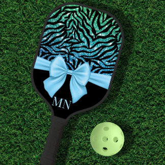 Ombre Glitter Zebra Blue Bow Monogrammed Pickleball Paddle