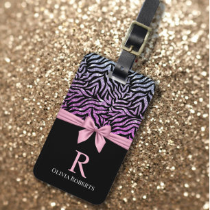 Ombre Glitter Zebra Pink Bow Monogram Luggage Tag